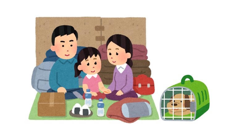 避難所で家族と犬が過ごすイラスト